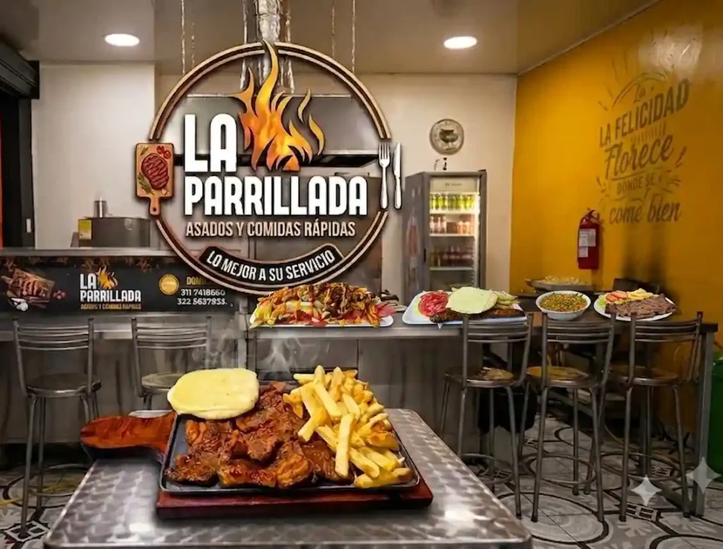 Fotografía del interior del restaurante La Parrillada con variedad de platos de asados y comidas rápidas sobre el mesón de la barra.