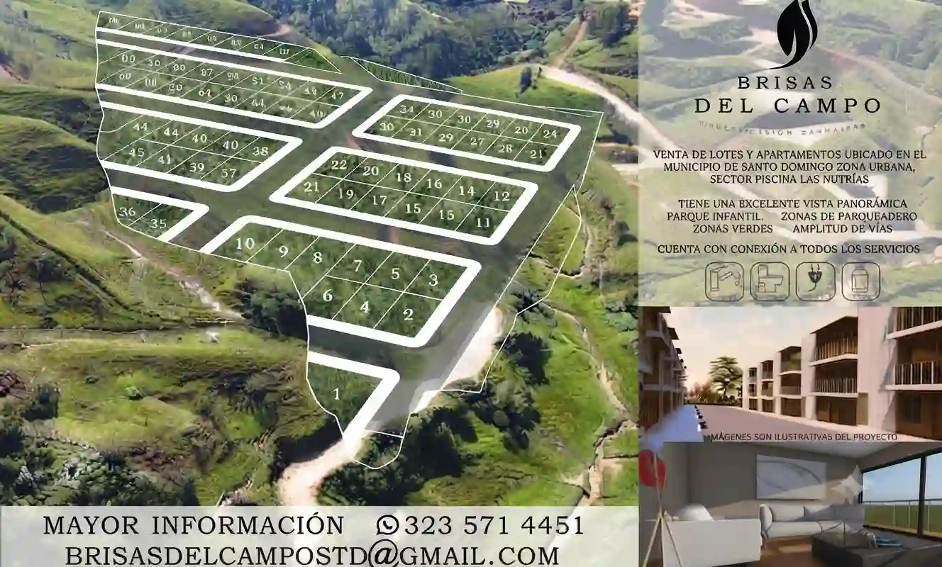 Plano de lotes y vista ilustrativa de apartamentos en el proyecto inmobiliario Brisas del Campo, ubicado en Santo Domingo.