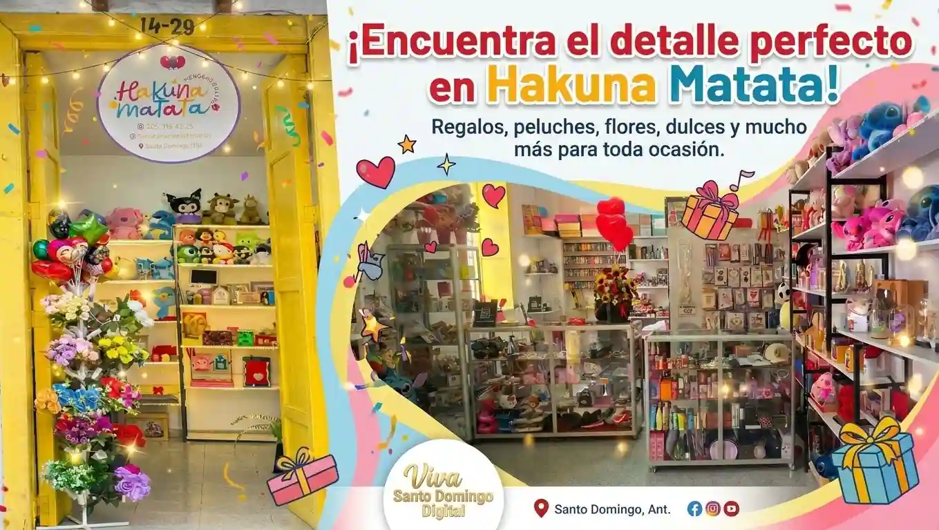 Banner publicitario de Hakuna Matata Tienda de Regalos en Santo Domingo Antioquia con peluches, flores, dulces y detalles para toda ocasión.